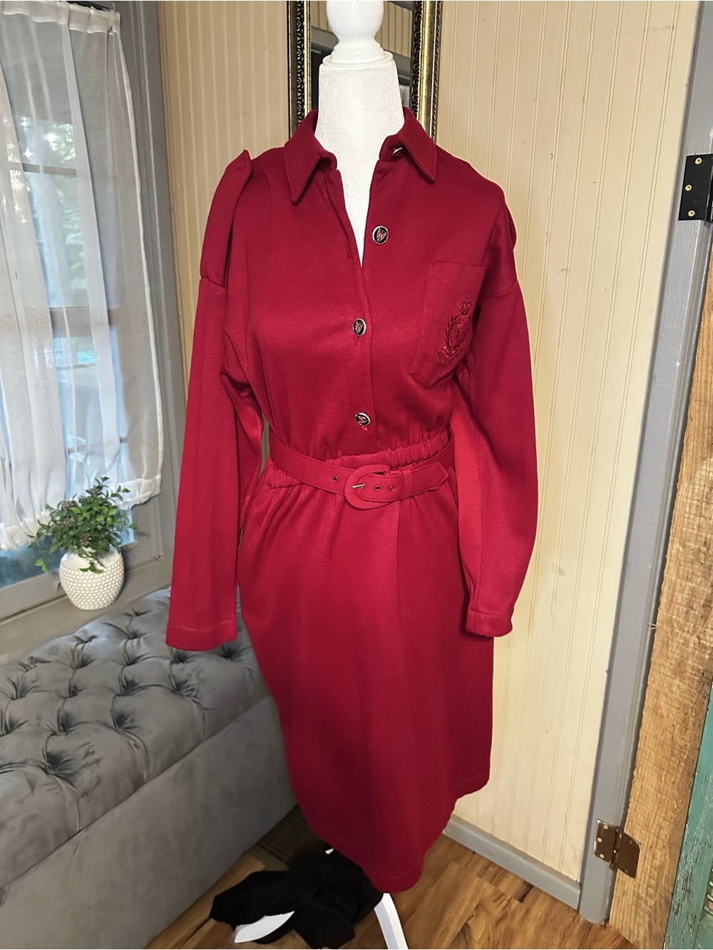 Vintage 80s Rhobes Collections Sweater Dress Red Belted Secretary Old Money